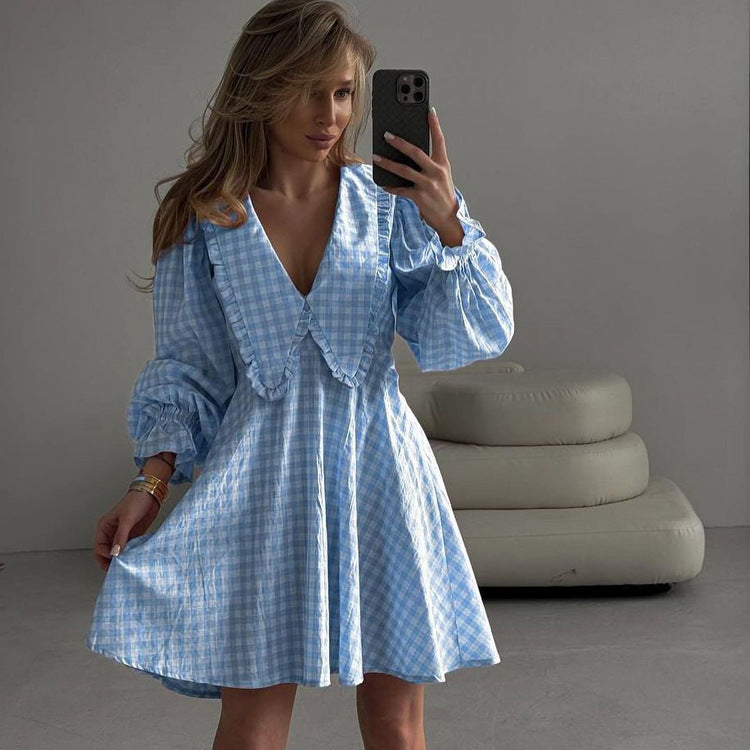 Women's Fashion Plaid Long Sleeve Dress with Butterfly Collar