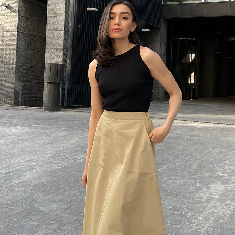 Women's Khaki Cotton A-Line High Waist Skirt