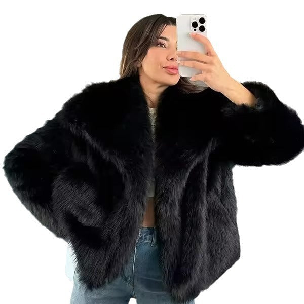 Women's Oversized Faux Fox Fur Coat with Large Lapel