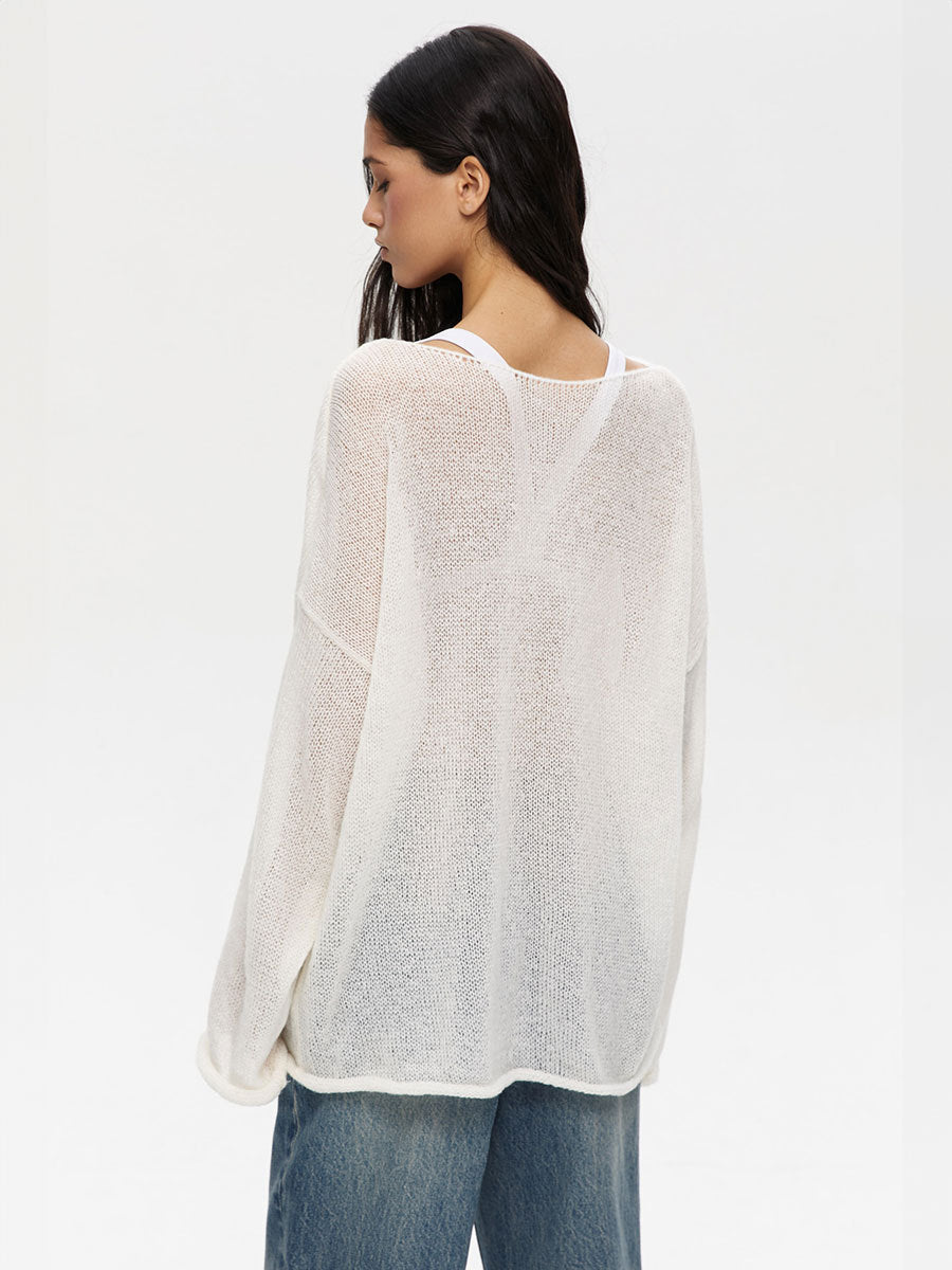 Women's Sheer Thin Knit T-Shirt with Flared Sleeves and Round Neck