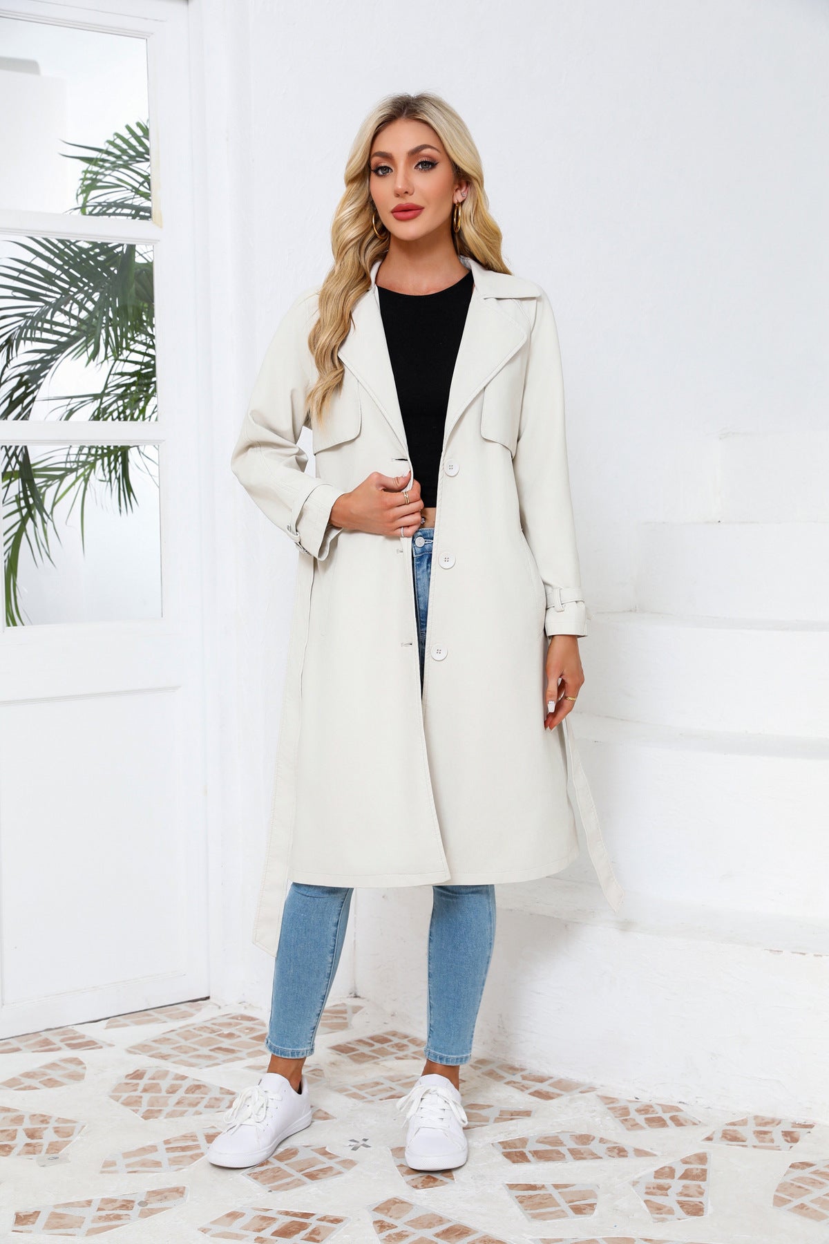 Women's Long Loose PU Leather Coat with Classic Lapel Belted Trench Coat