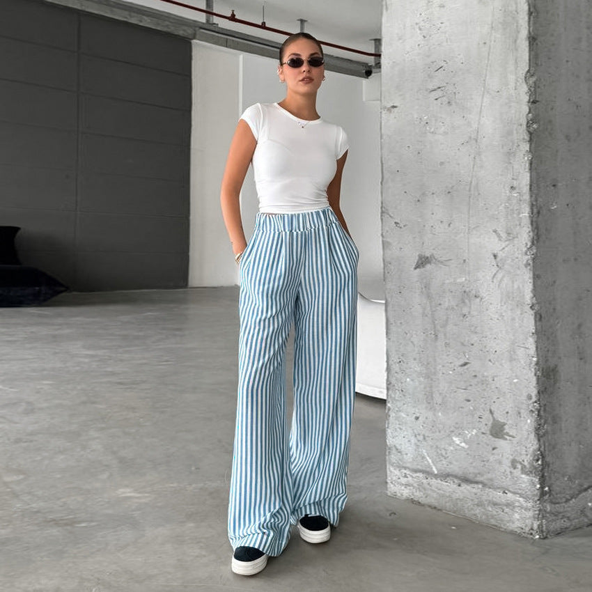 Women's Fashion Versatile Casual Striped High Waist Elastic Band Trousers