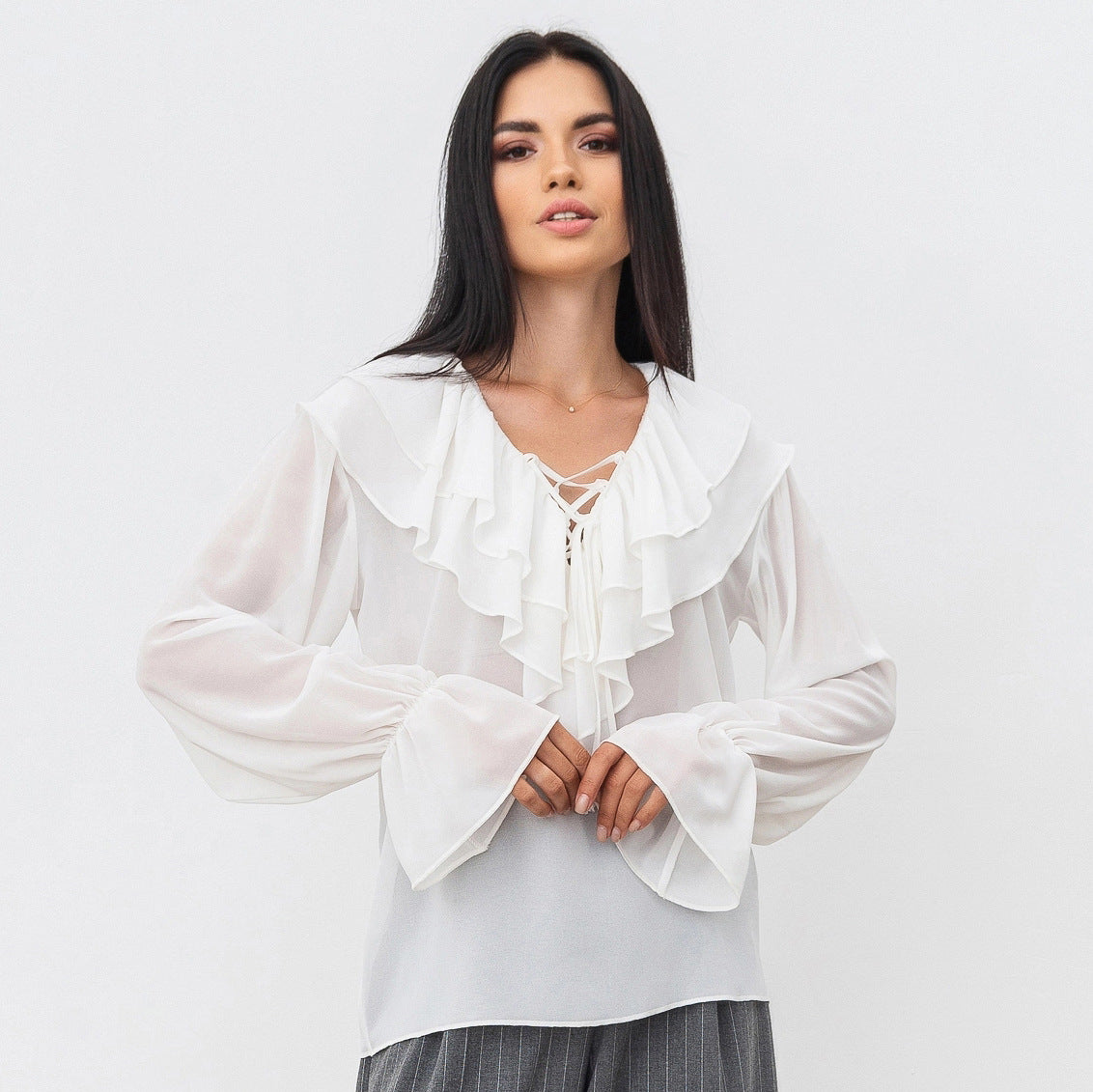 French Style White Chiffon V-Neck Tie Loose Women's Blouse