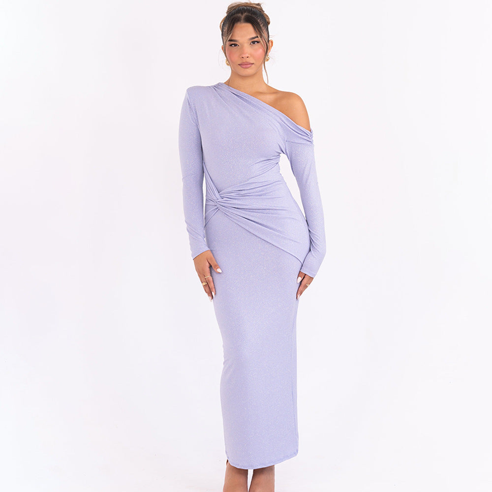 Women's One-Shoulder Long-Sleeve Bodycon Maxi Dress