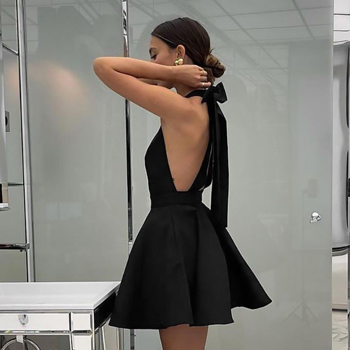 French Style Sexy Black High-Waisted Sleeveless Halter Dress