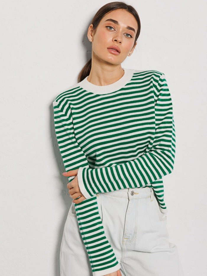 Women's Fashion Ribbed Color Block Striped Crew Neck Knit Sweater