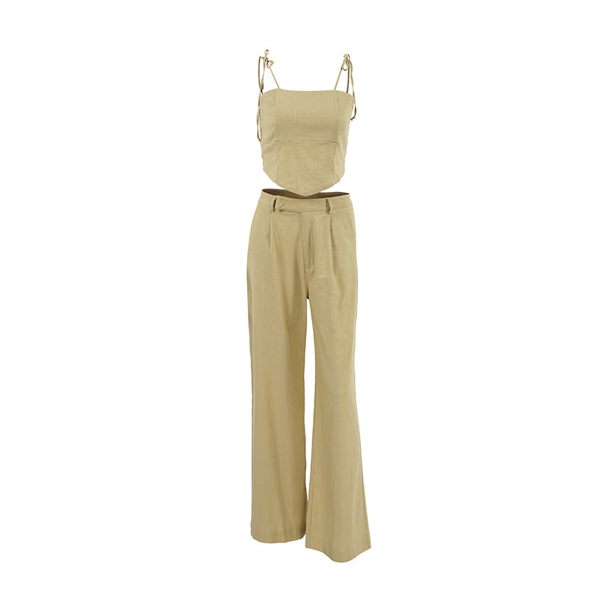 Women's Summer Casual Solid Color Spaghetti Strap Crop Top and Long Pants Set