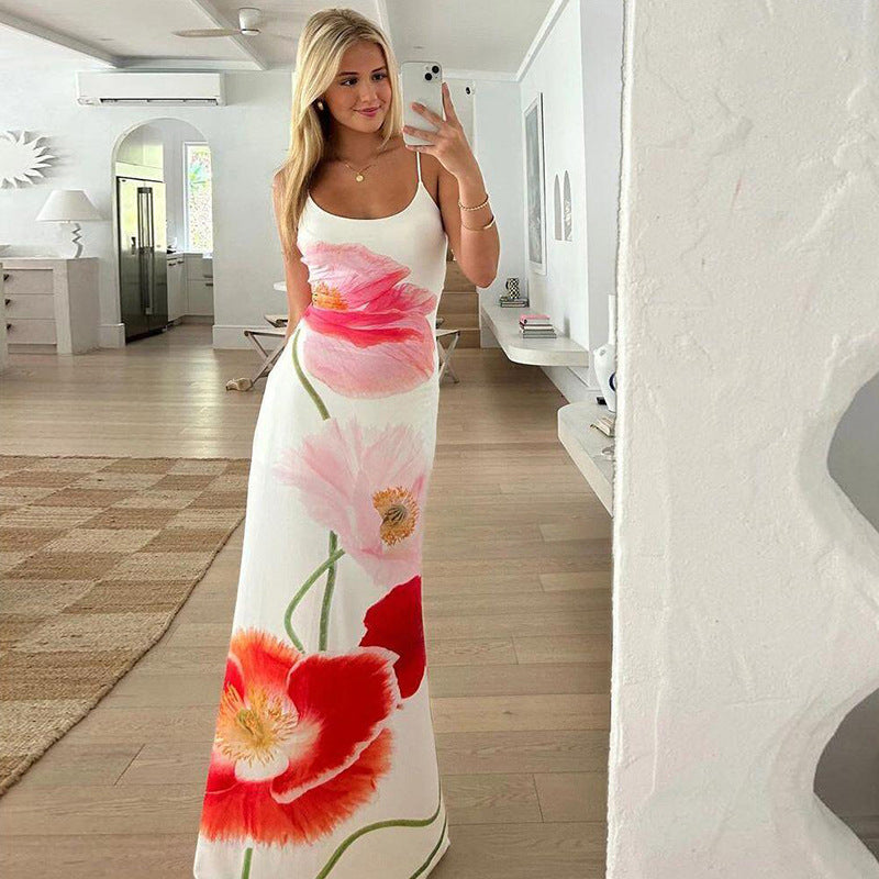 Floral Print Strappy Backless Maxi Dress