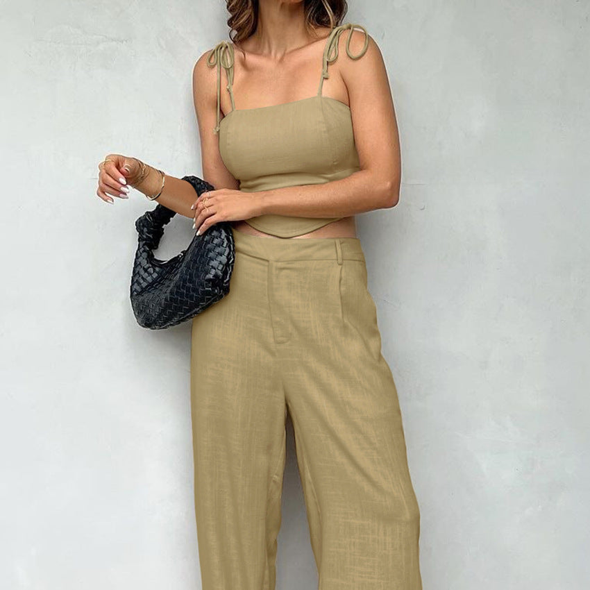 Women's Summer Casual Solid Color Spaghetti Strap Crop Top and Long Pants Set