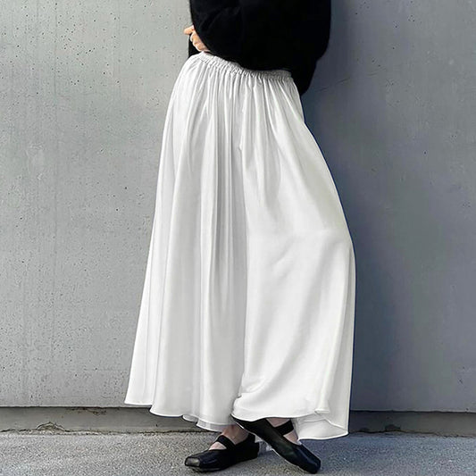 Women's White Satin High-Waist Elastic Waistband Midi Skirt