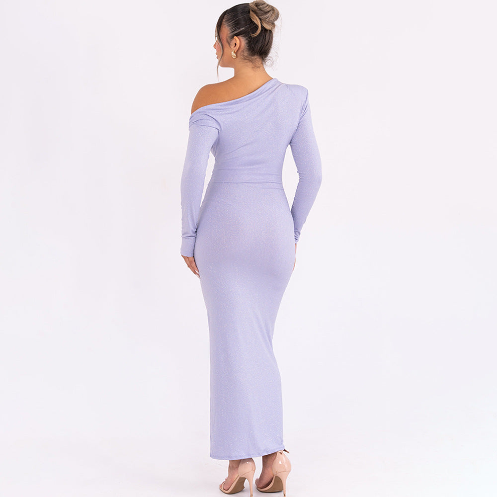 Women's One-Shoulder Long-Sleeve Bodycon Maxi Dress