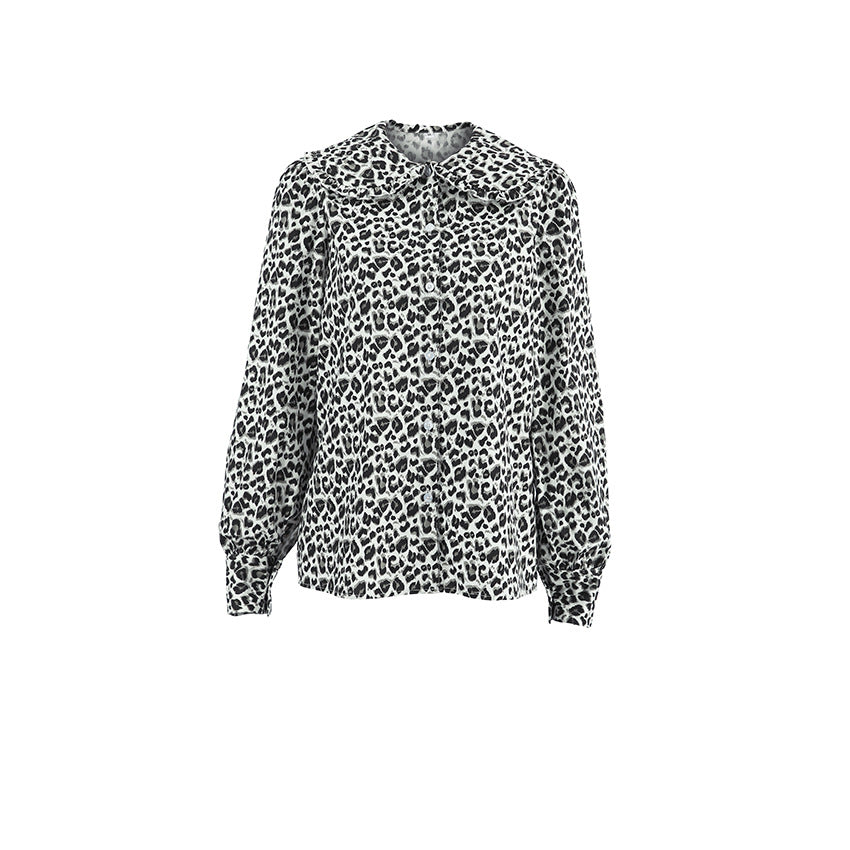 Summer Women's Cotton Leopard Print Lapel Long Sleeve Shirt