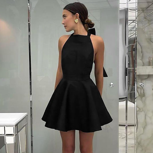 French Style Sexy Black High-Waisted Sleeveless Halter Dress