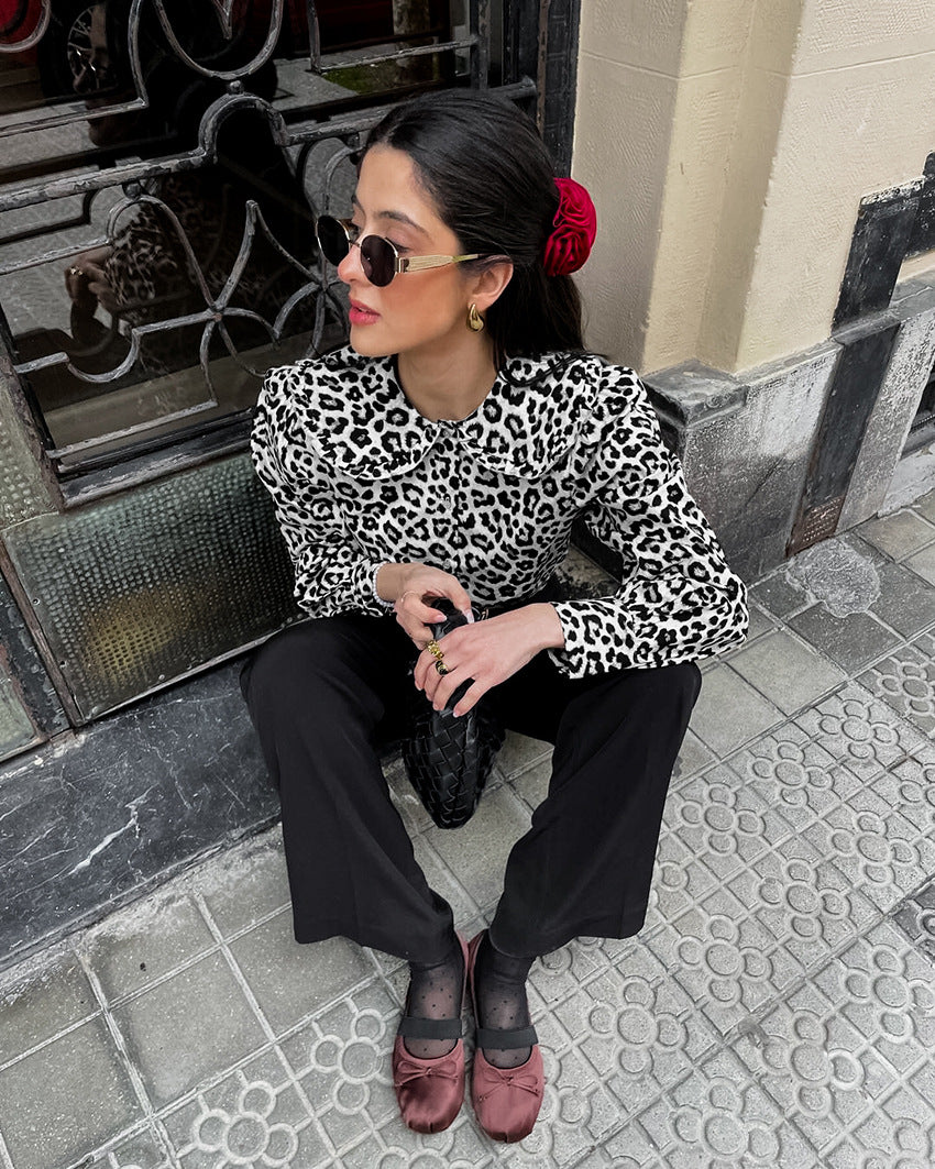 Summer Women's Cotton Leopard Print Lapel Long Sleeve Shirt