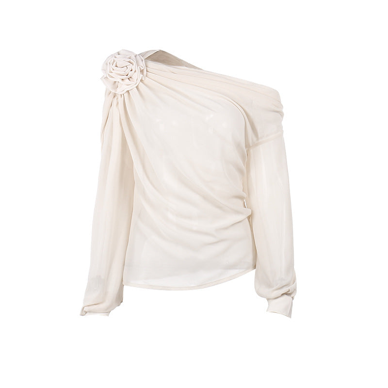 Versatile Long Sleeve T-Shirt with Asymmetric Shoulder and Floral Embellishment