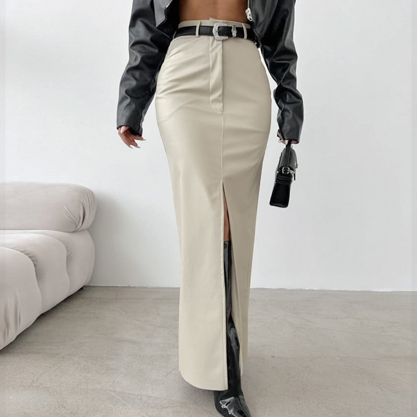 Women's High-Waisted Fleece-Lined Matte Leather Bodycon Straight Skirt