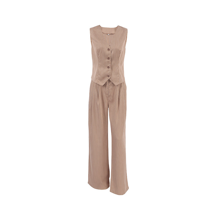 Chic and Comfortable Two-Piece Set: V-Neck Sleeveless Vest and Wide Leg Pants with Belt for Women