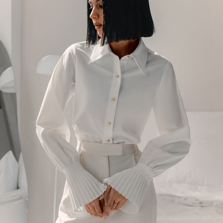 Women's Autumn Fashion Bell Sleeve White Collared Office Shirt