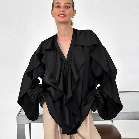 Women's Solid Color V-Neck Ruffle Puff Sleeve Satin Blouse