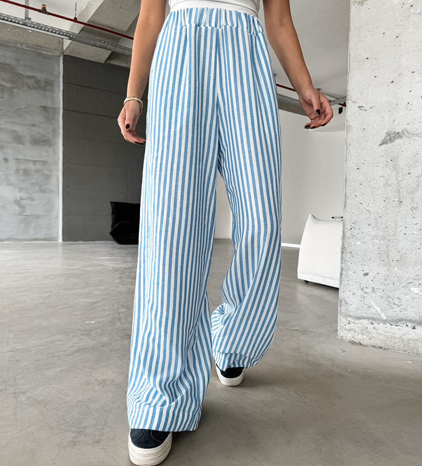 Women's Fashion Versatile Casual Striped High Waist Elastic Band Trousers