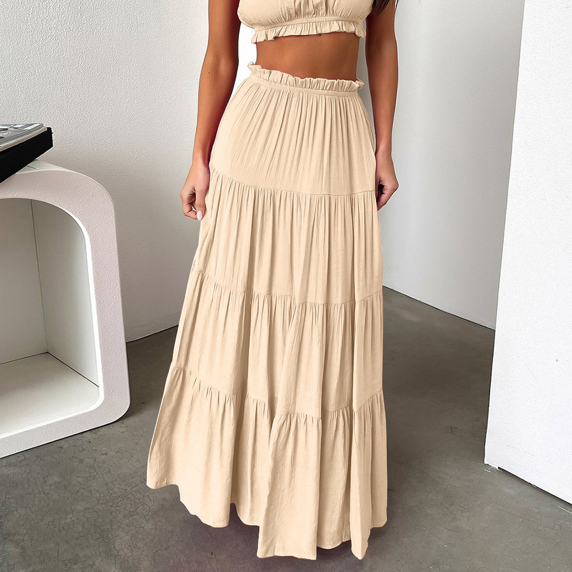 Solid Color High-Waisted Cotton Pleated Maxi Skirt - Elegant and Figure-Flattering