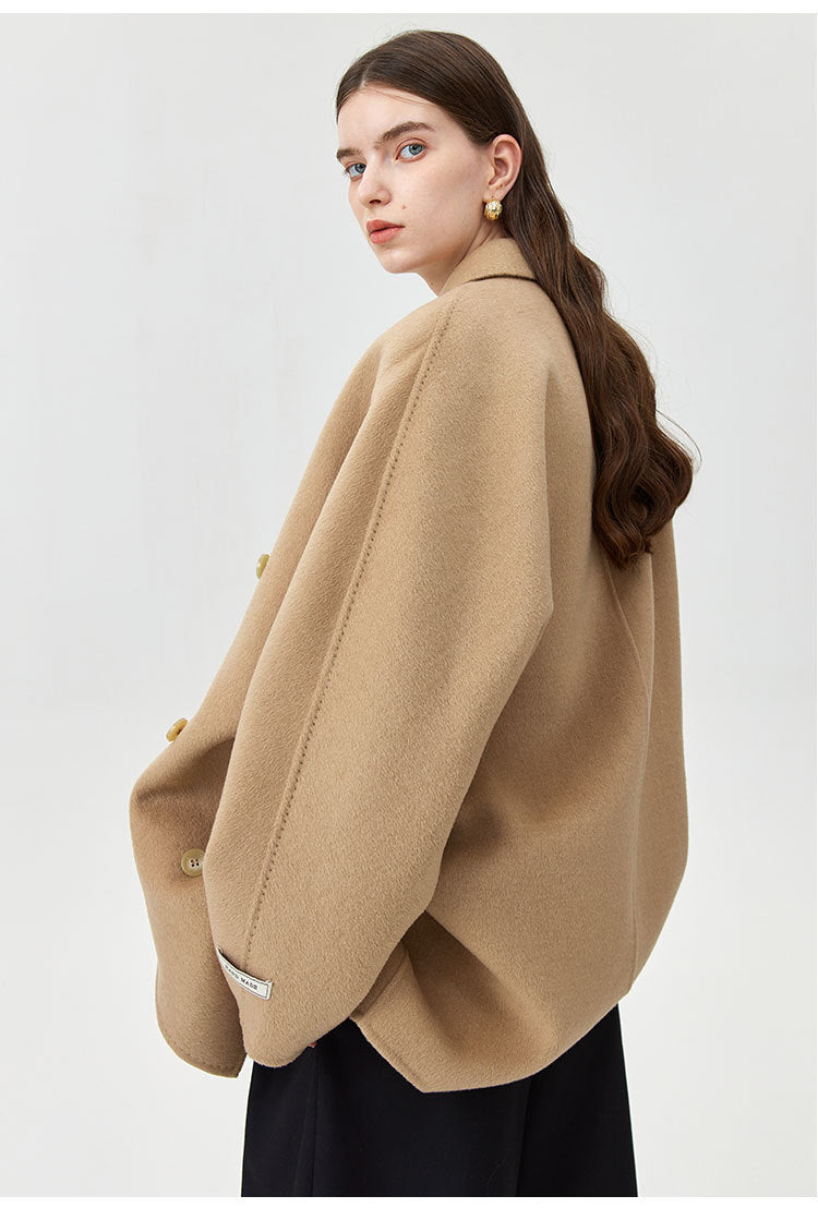 Women's loose double-breasted mid-length wool coat