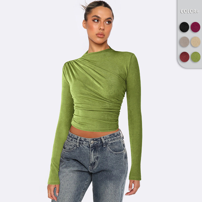 Women's Autumn Winter Velvet Ruched Long Sleeve Pullover Mock Neck Top