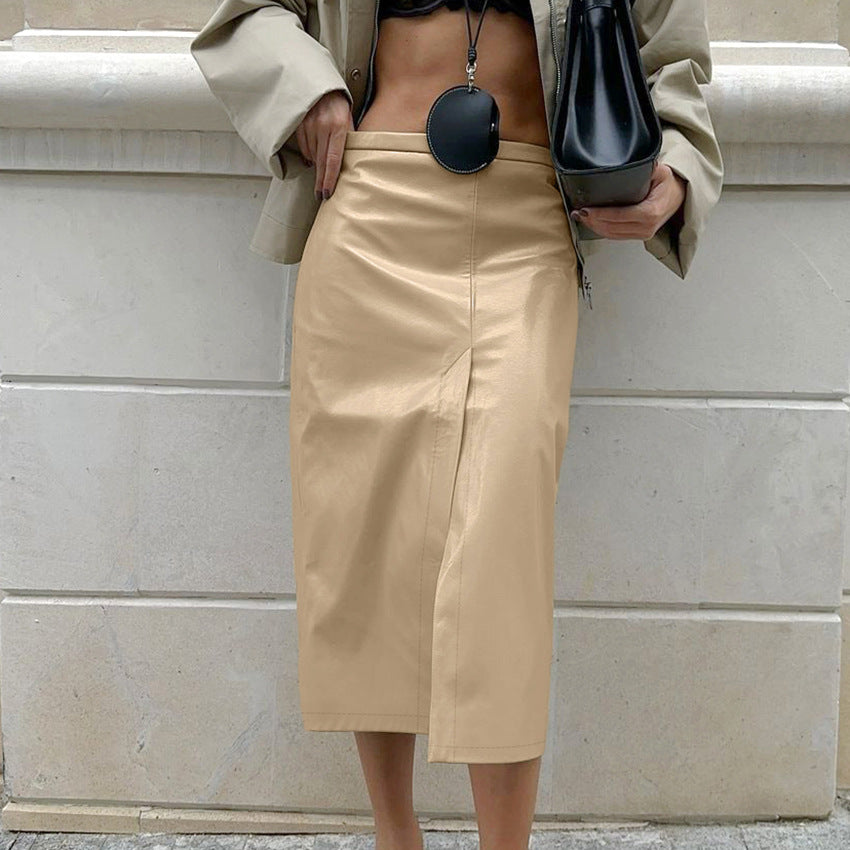 Women’s Khaki PU Leather Vintage Mid-Waist Split Skirt