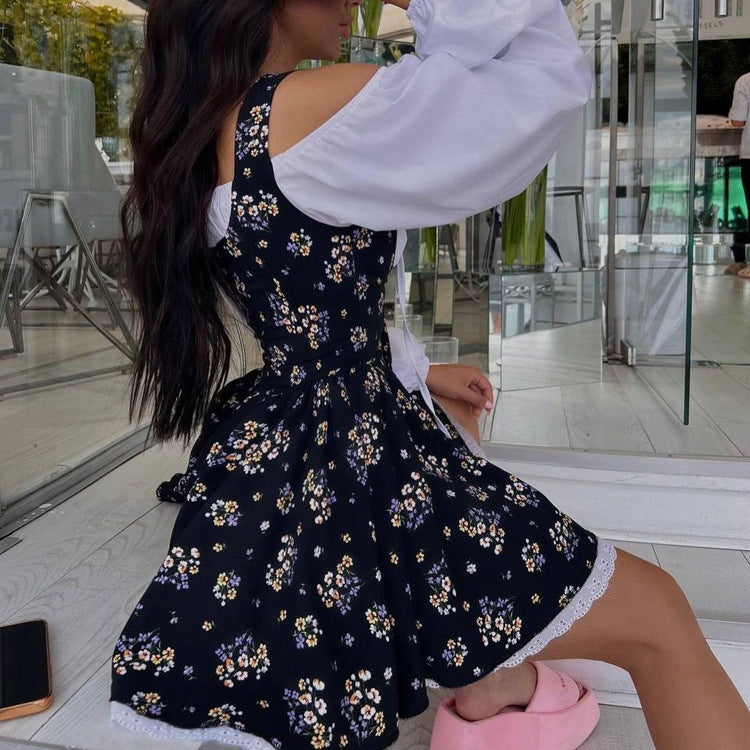 Women's Puff Sleeve Strapless Floral Midi Dress