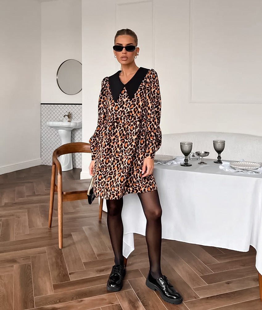 Women's Leopard Print Turn-Down Collar Long Sleeve Dress