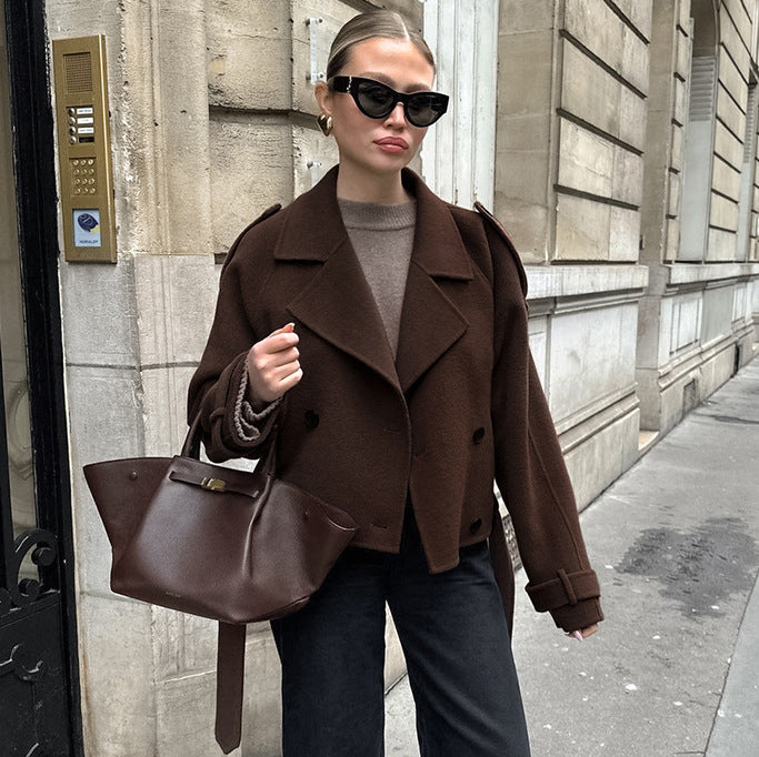 Women's Brown Double-Breasted Wool Coat with Lapel Collar and Belt, Polyester Blend