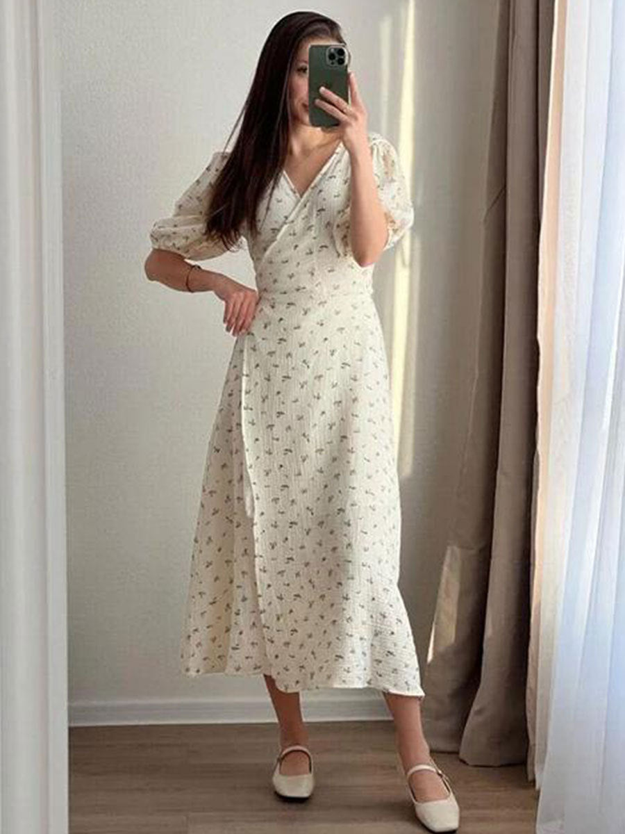 Women's Summer Puff Sleeve V-Neck Tie-Waist Floral Short Sleeve Dress