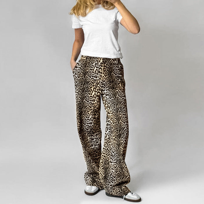 Women's Summer Sexy Leopard Print Round Neck Tie-Front Shirt and Pants Set