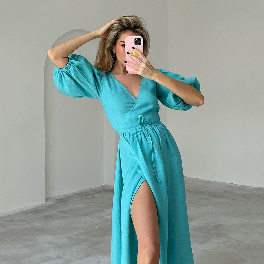 Solid Split V Neck Puff Sleeve Maxi Dress