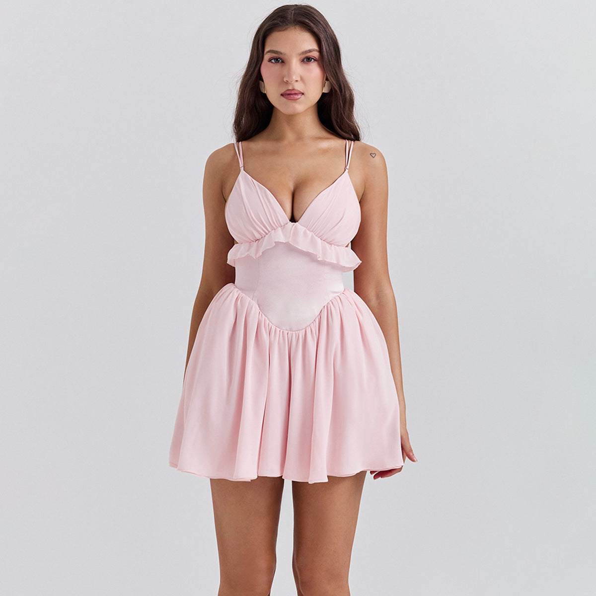 Women's Summer Sexy V-Neck Backless Pink Chiffon Dress