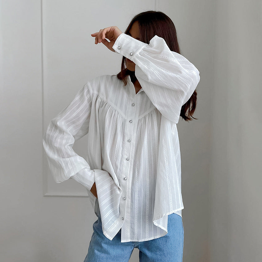 Women's Elegant French-Style Cotton Jacquard Stand Collar Long-Sleeve Shirt