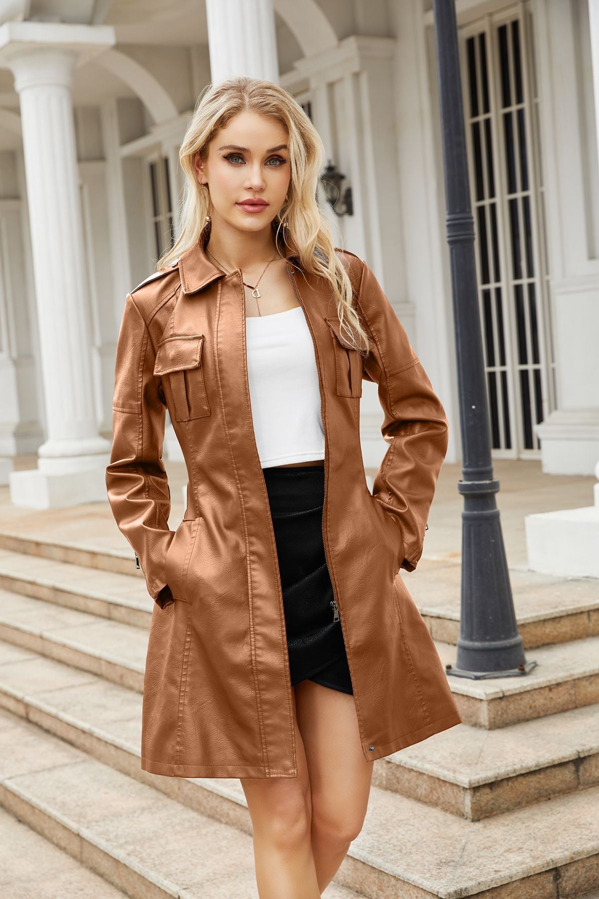 Women's Mid-Length Belted Faux Leather Long Sleeve Jacket with Zipper Design