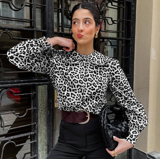 Summer Women's Cotton Leopard Print Lapel Long Sleeve Shirt