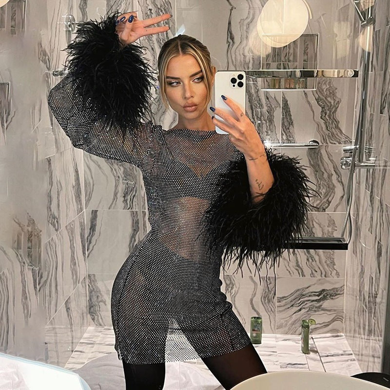 Women's Sexy Feather Trim Shimmer Mesh Jumpsuit, Black, Fashionable Sheer Design for Parties and Festive Occasions