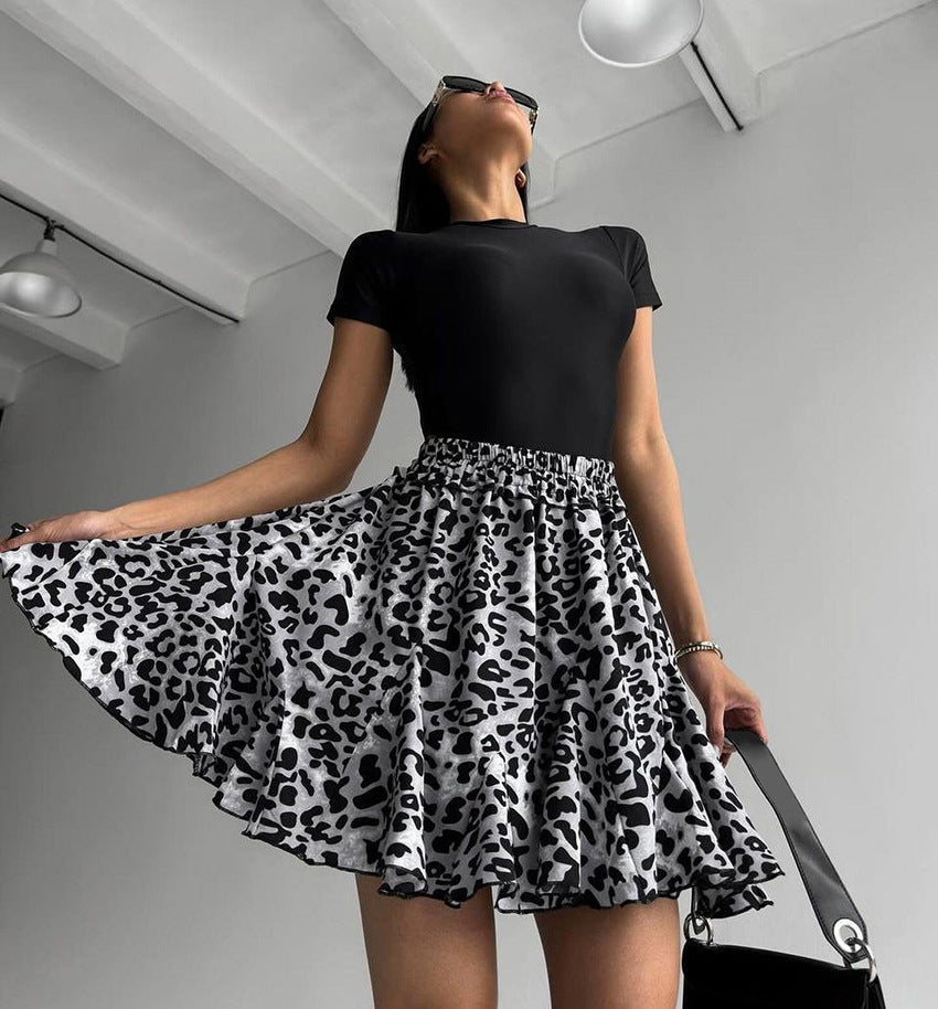 Women's Summer Sexy Leopard Print Ruffle Hem Elastic Waist Slimming Skirt