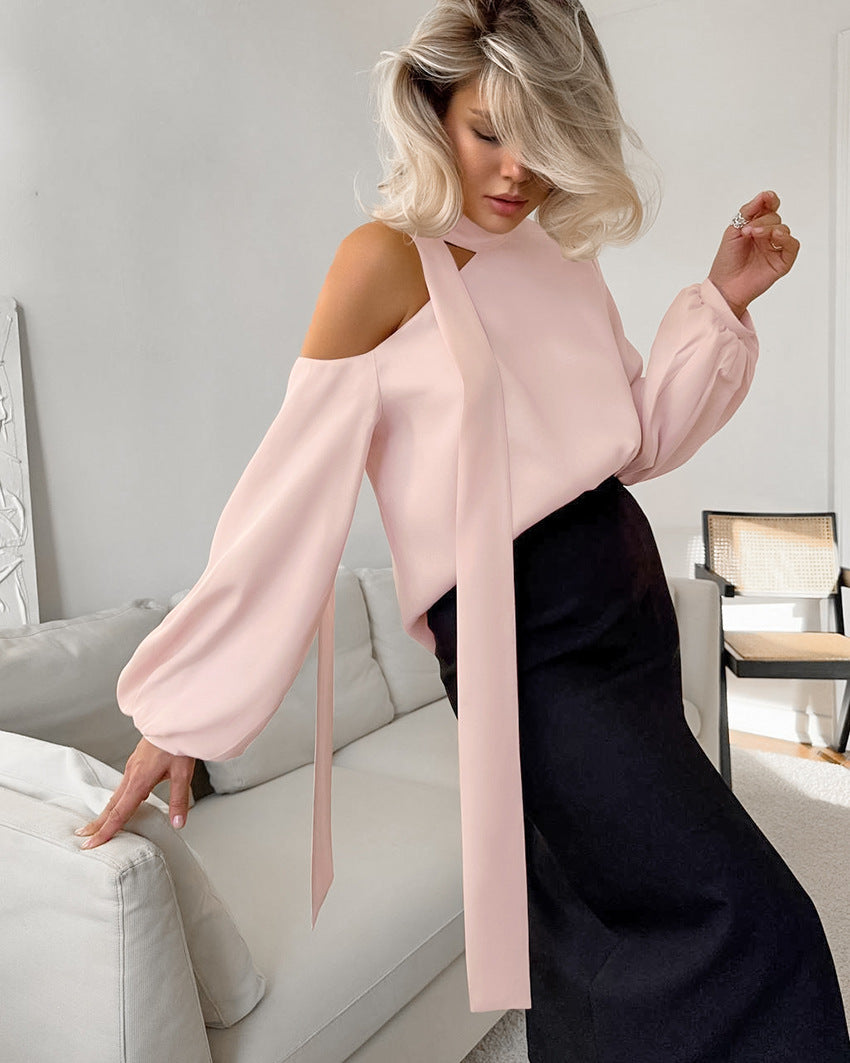 Women's Satin Asymmetrical Neckline Sexy Off-Shoulder Long Sleeve Shirt