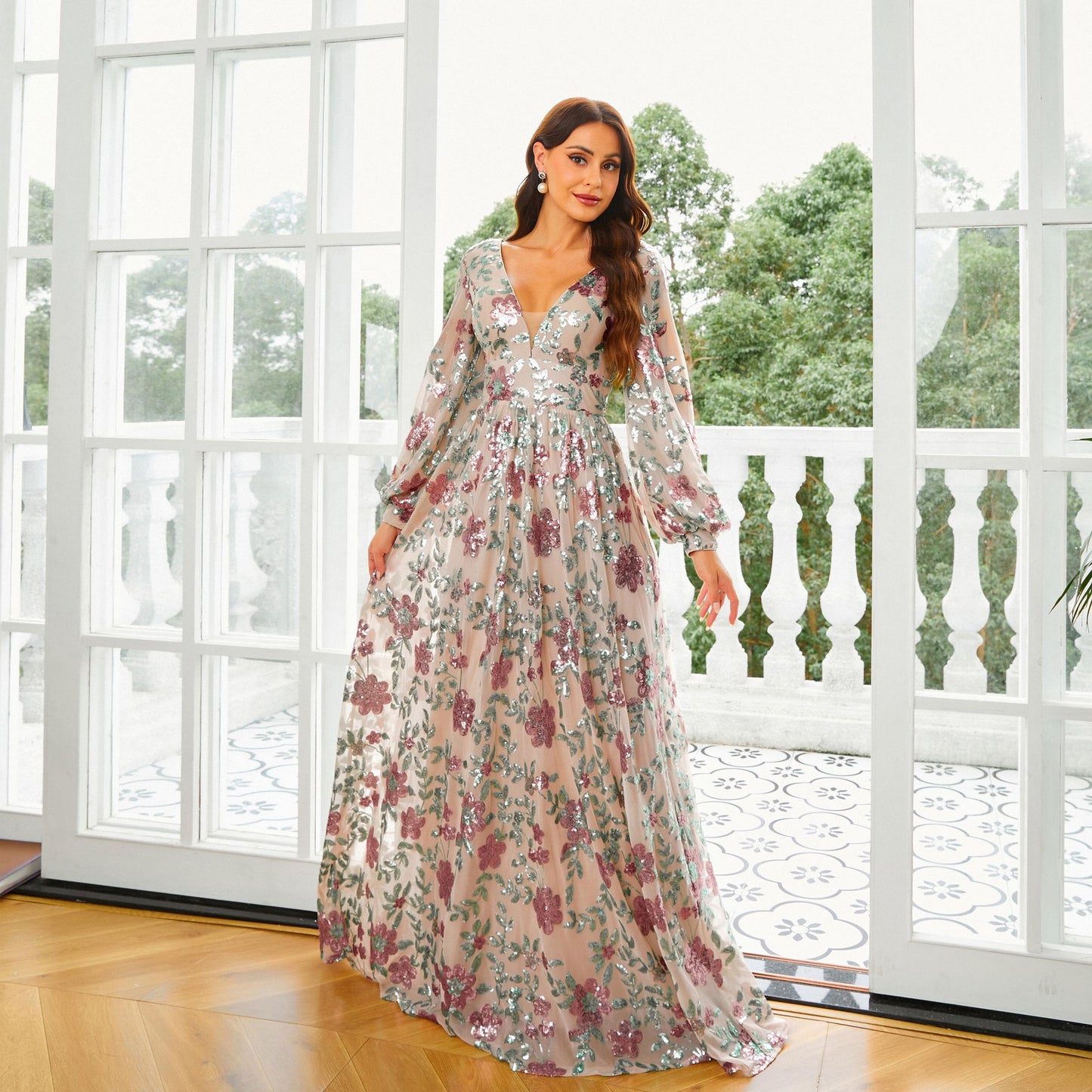 Women's Long Sleeve V-Neck Floral Pattern Long Banquet Evening Dress