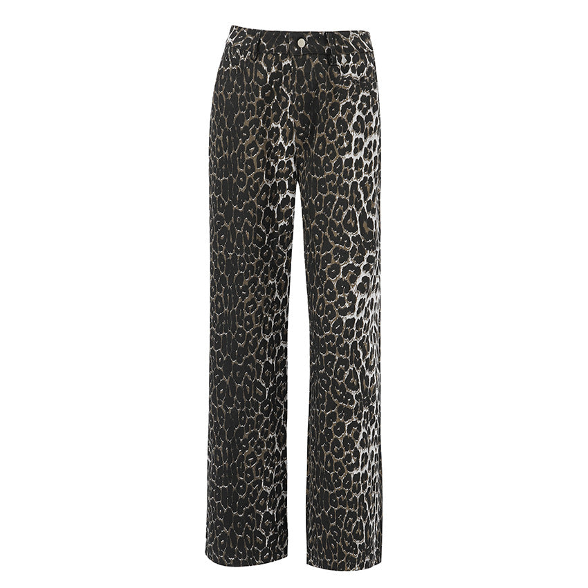 Trendy and Bold Streetwear Style High Waist Leopard Print Straight Pants