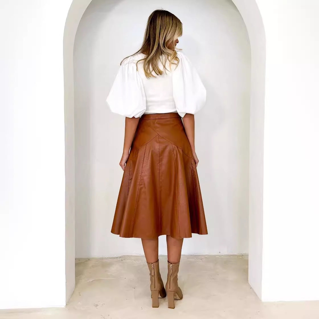 Women's High-Waisted Mid-Length Pleated Leather Skirt