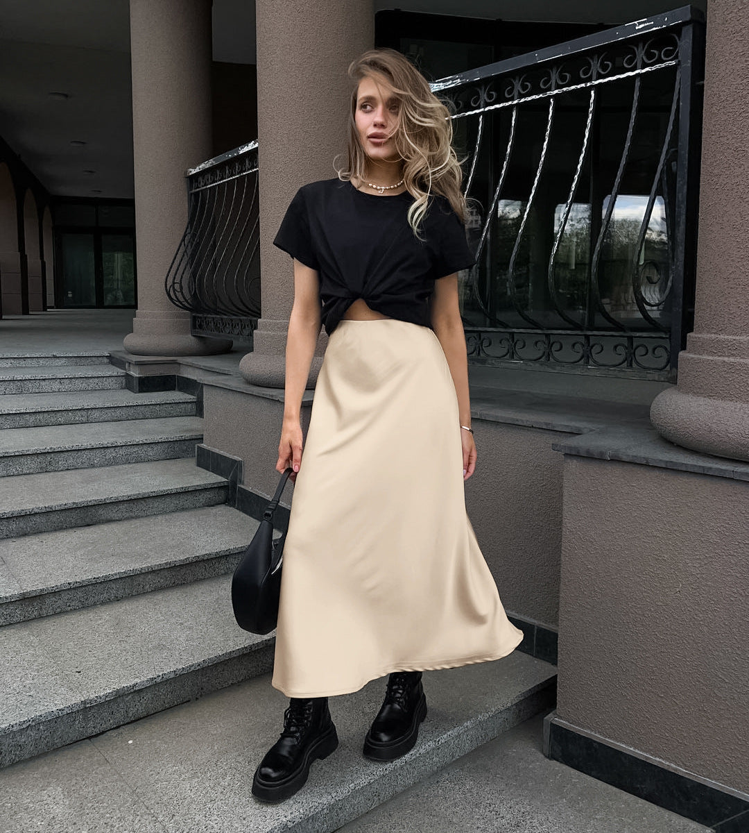 Women's Khaki Satin High-Waisted Versatile Midi Skirt