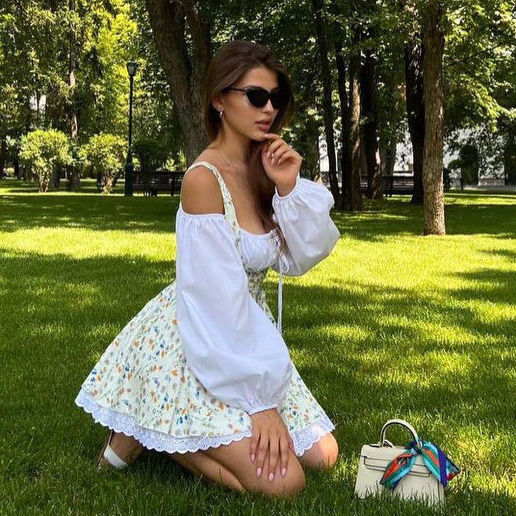 Women's Puff Sleeve Strapless Floral Midi Dress