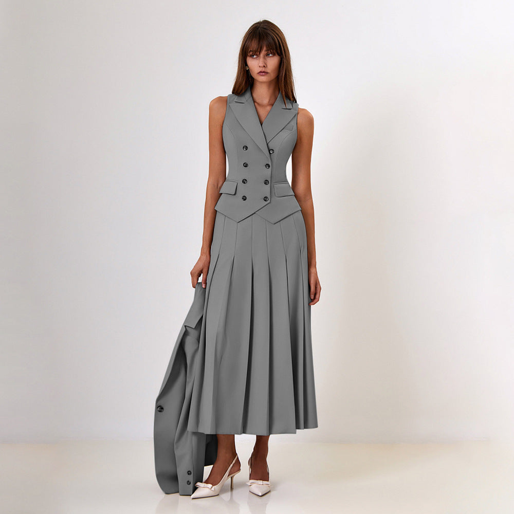 Elegant Long Dress Set - Sleeveless Vest with Pleated Maxi Skirt Two-Piece Outfit for Work, Party, Holiday, and Vacation Wear