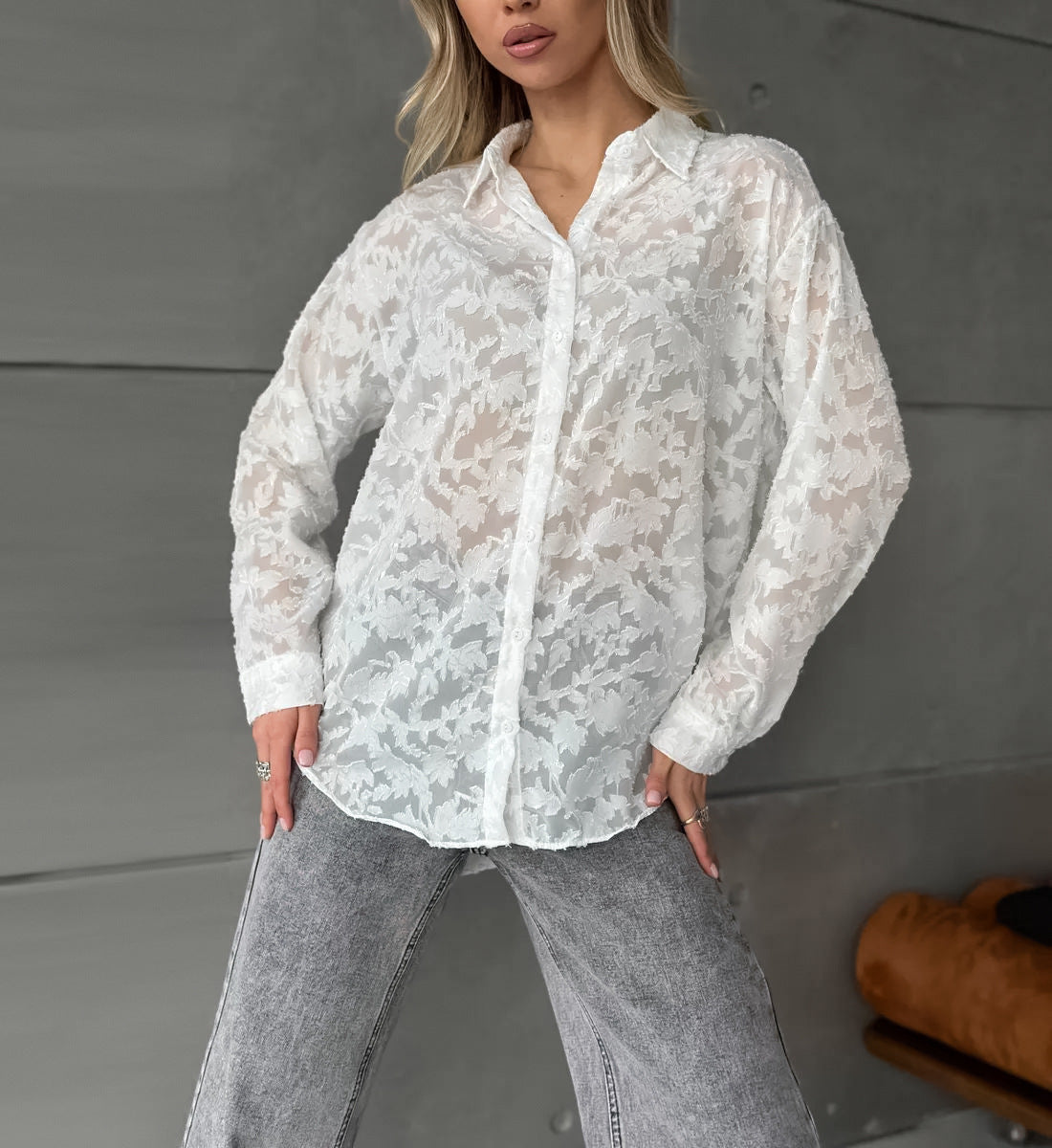 Women's White Jacquard Loose Long Sleeve Blouse