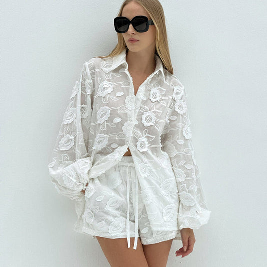 Women’s Autumn Fashion Cotton Embroidered Sheer Shirt with High-Waisted Shorts Set