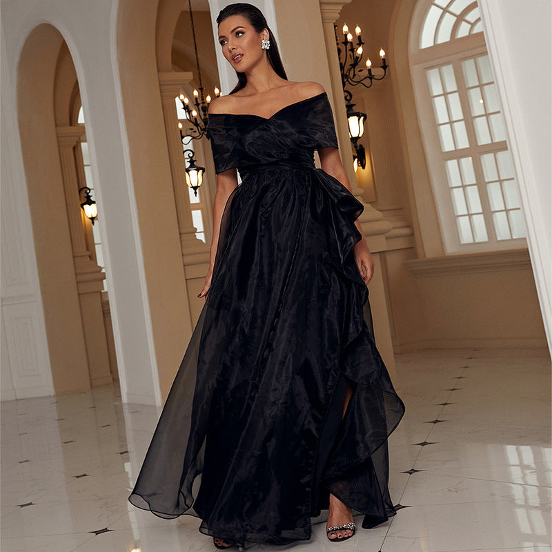 Women's Black One-shoulder Low-cut Mesh Evening Dress